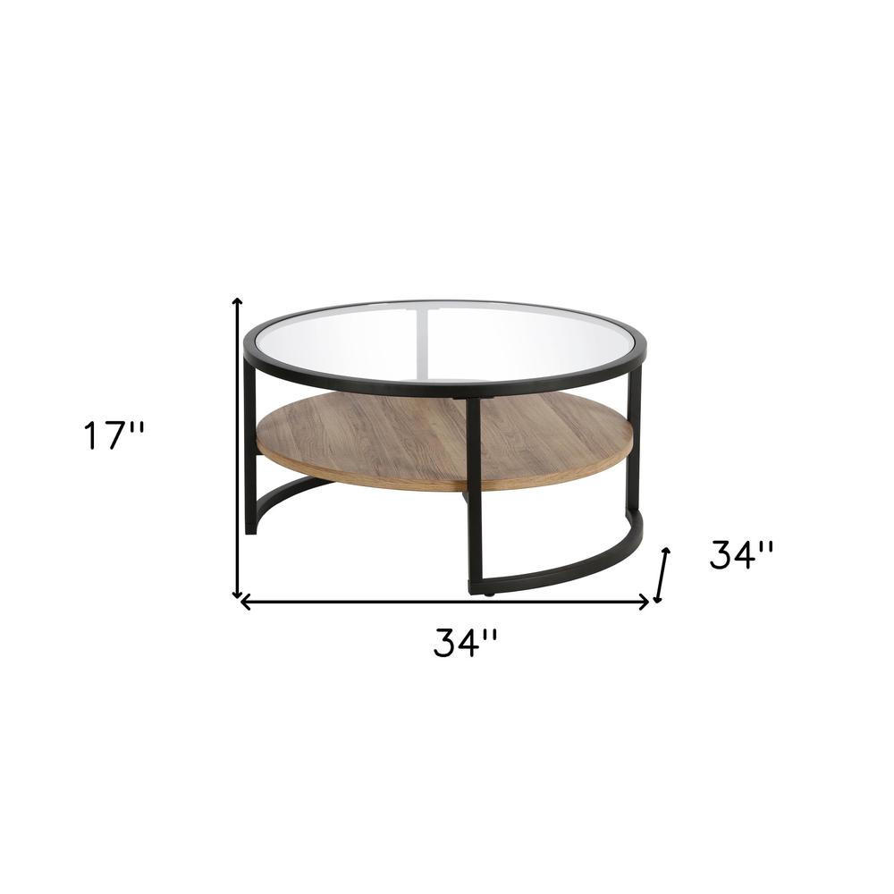 34" Brown And Black Glass And Steel Round Coffee Table With Shelf. Picture 8