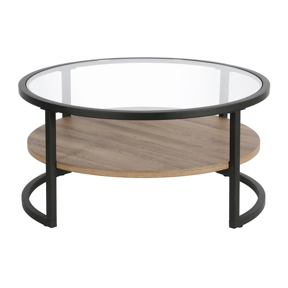 34" Brown And Black Glass And Steel Round Coffee Table With Shelf. Picture 1