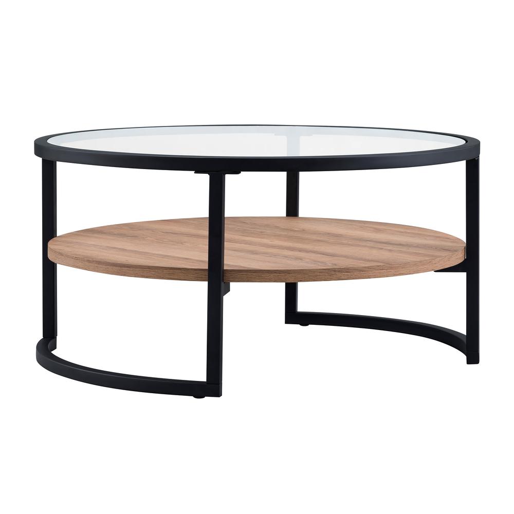 34" Brown And Black Glass And Steel Round Coffee Table With Shelf. Picture 4