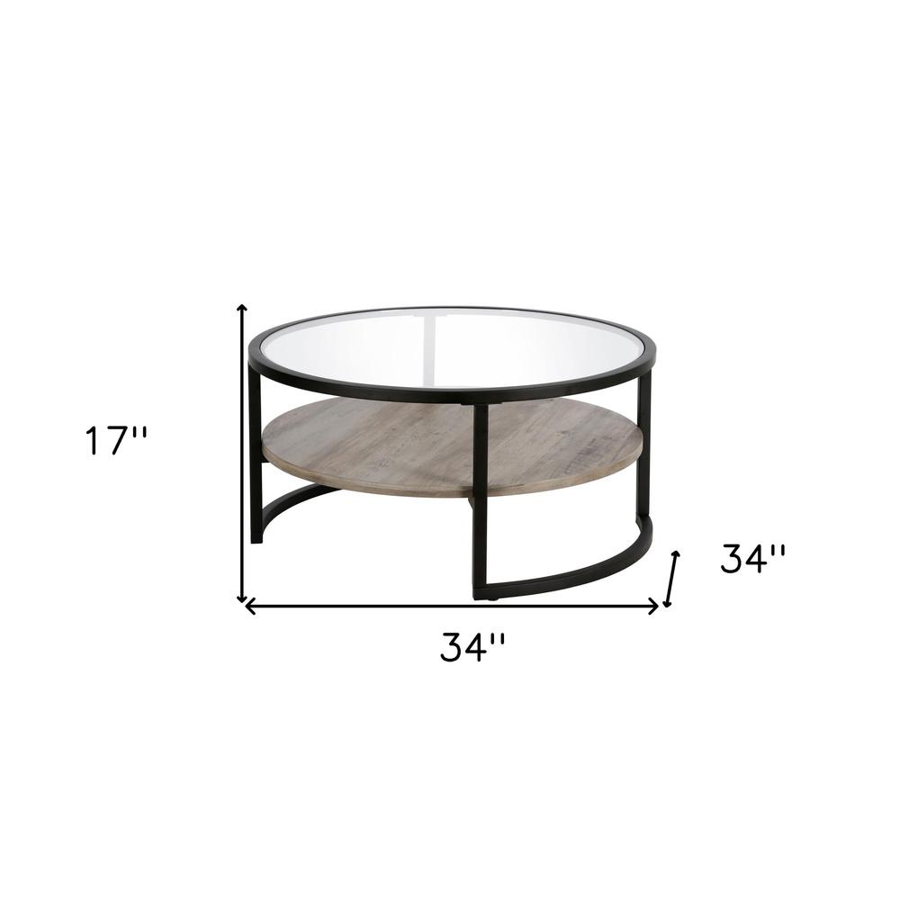 34" Black Glass And Steel Round Coffee Table With Shelf. Picture 8