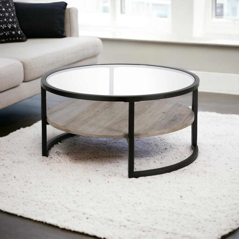 34" Black Glass And Steel Round Coffee Table With Shelf. Picture 2