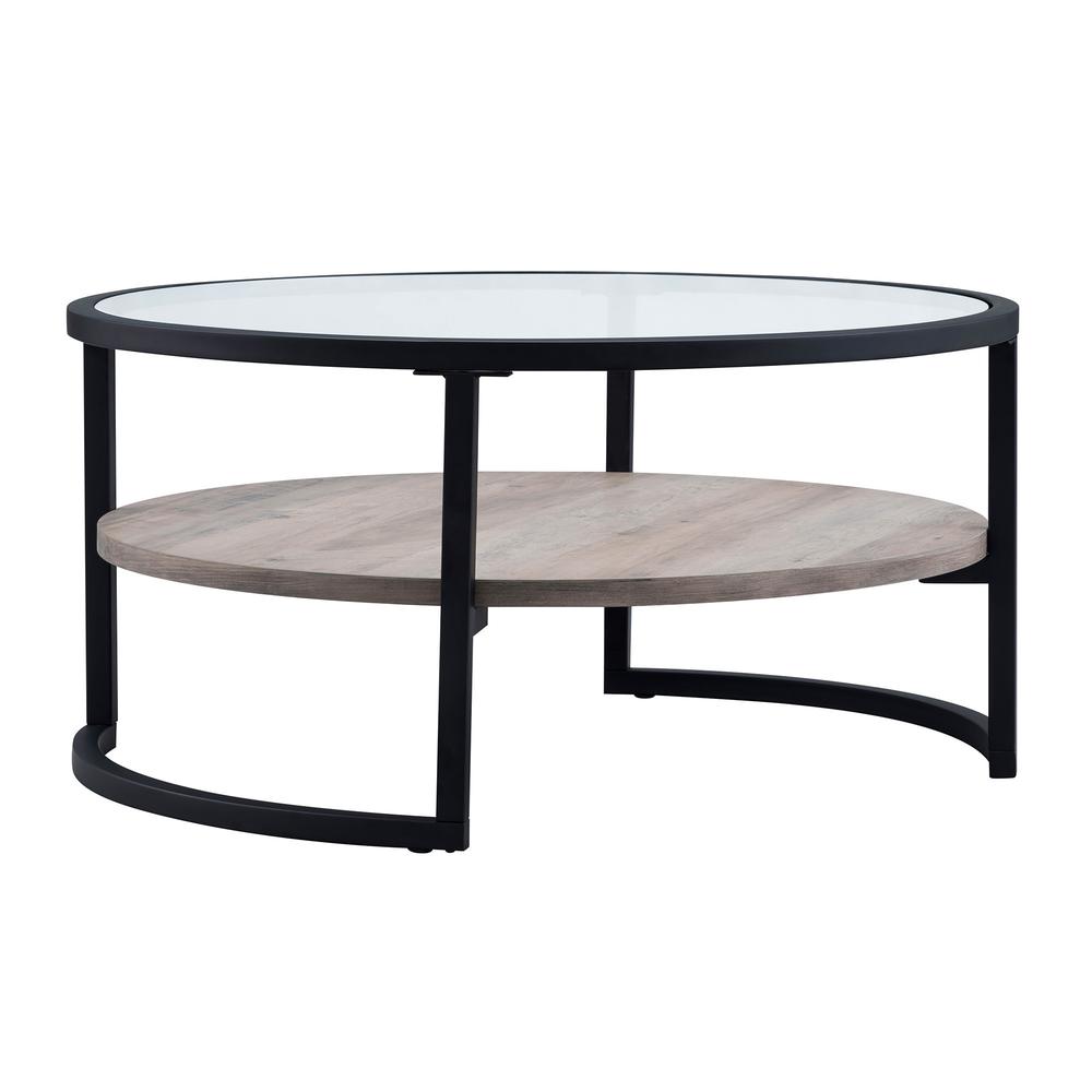 34" Black Glass And Steel Round Coffee Table With Shelf. Picture 5