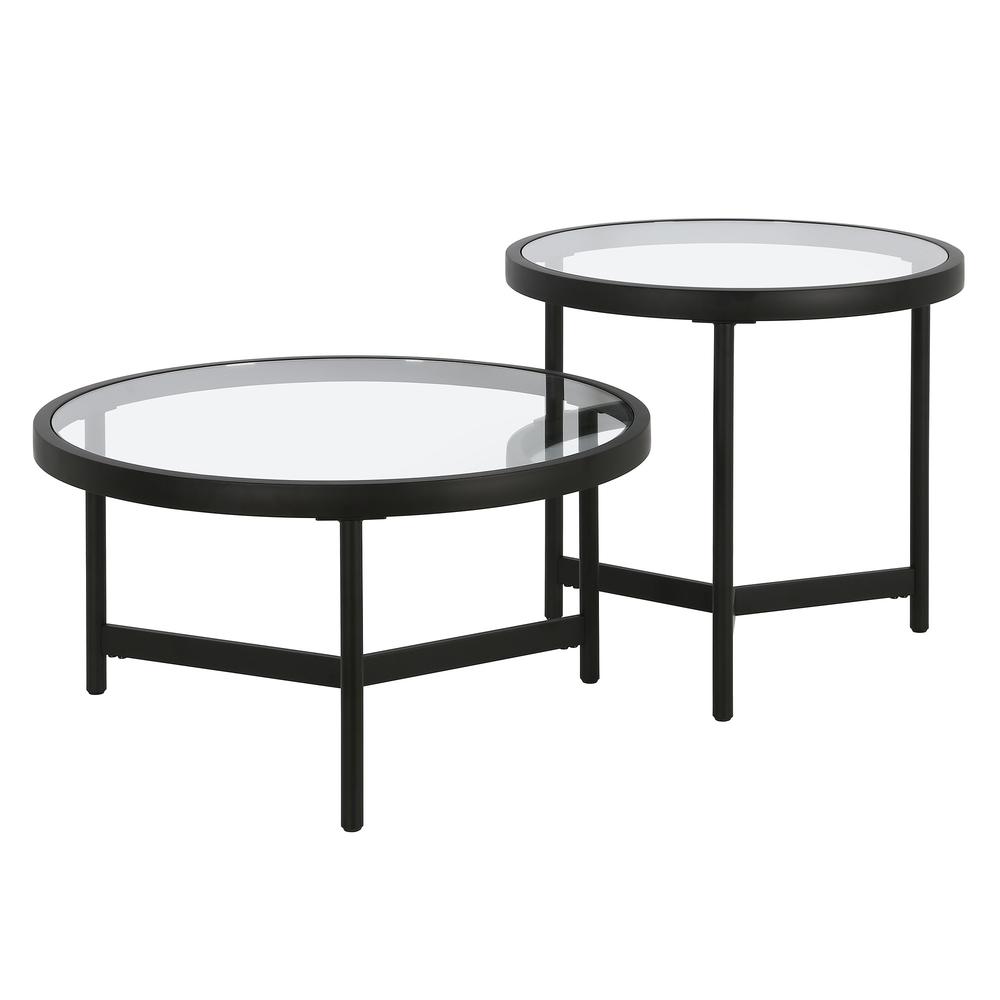 Set of Two 30" Black Glass And Steel Round Nested Coffee Tables. Picture 1