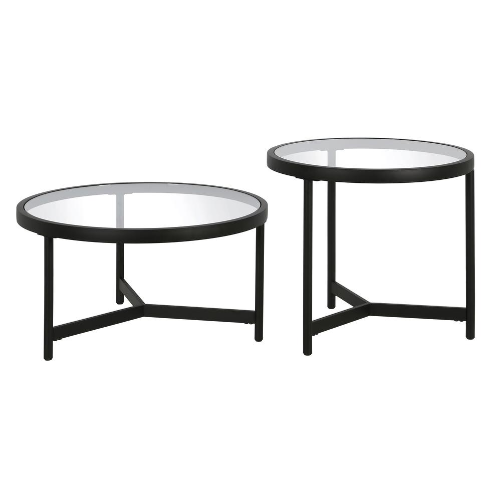 Set of Two 30" Black Glass And Steel Round Nested Coffee Tables. Picture 3