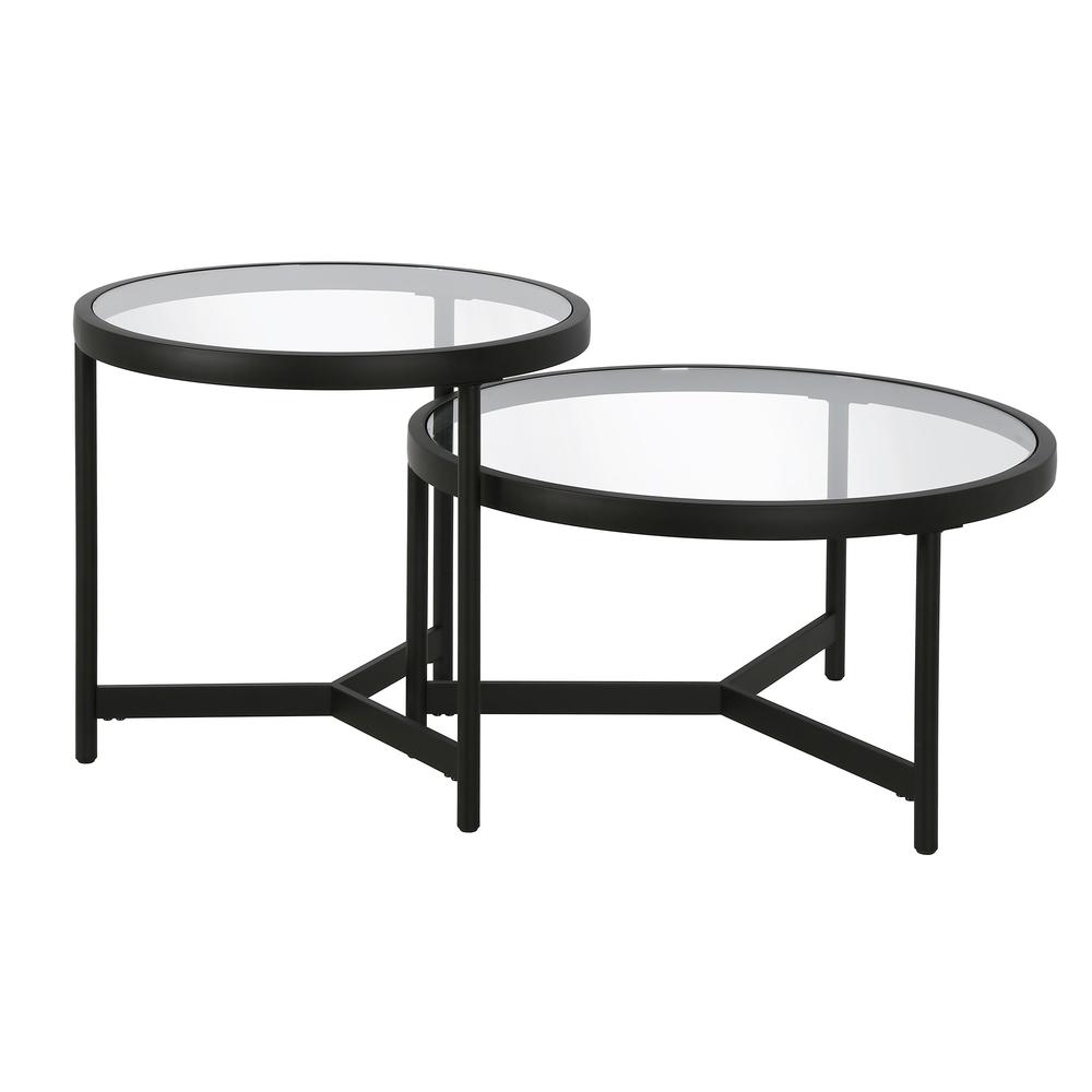 Set of Two 30" Black Glass And Steel Round Nested Coffee Tables. Picture 2