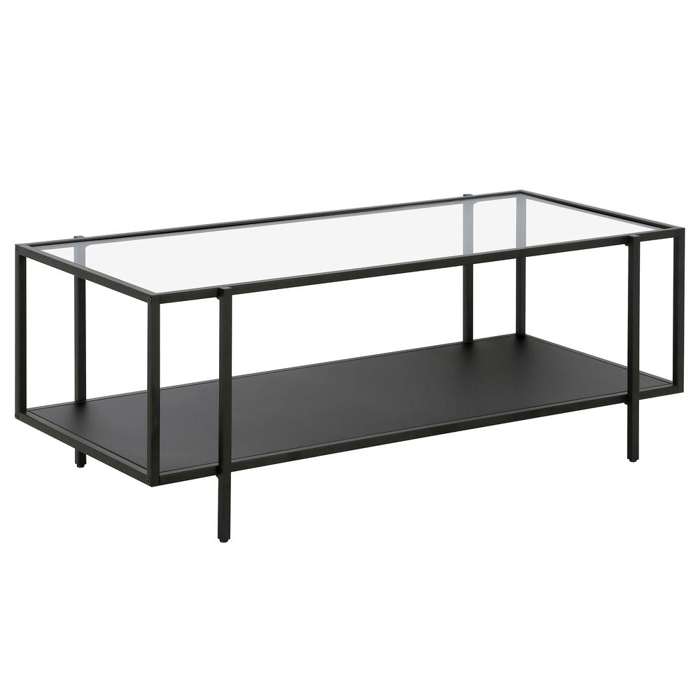 45" Clear And Black Glass And Steel Coffee Table With Shelf. Picture 1