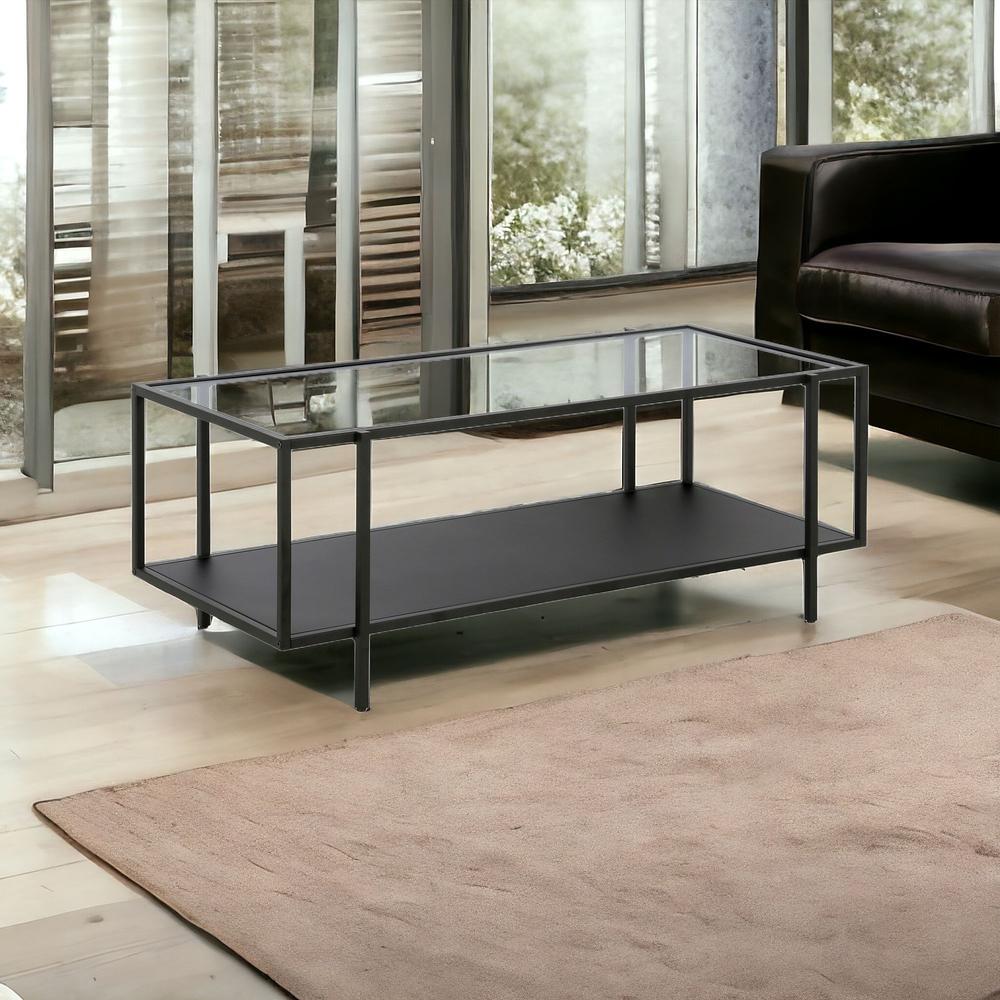 45" Clear And Black Glass And Steel Coffee Table With Shelf. Picture 2