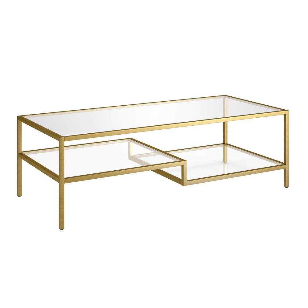 54" Gold Glass And Steel Coffee Table With Two Shelves. Picture 1