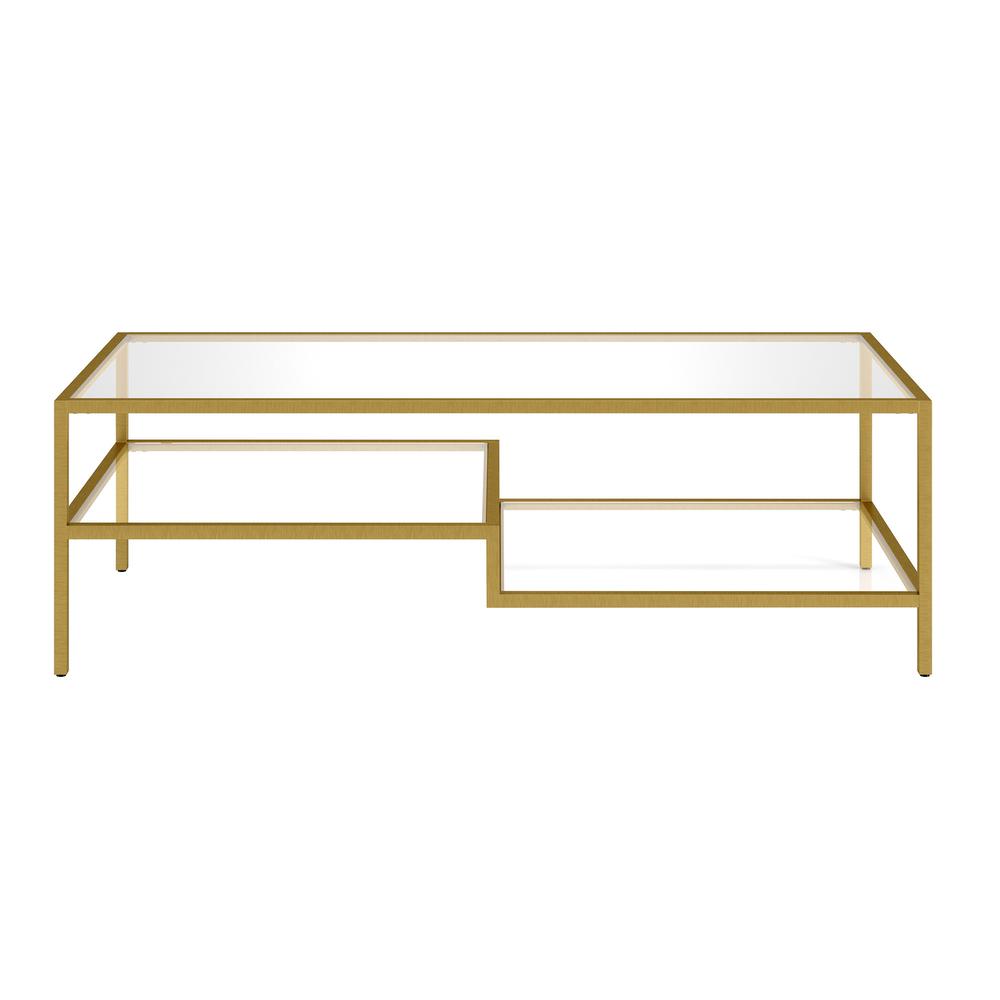54" Gold Glass And Steel Coffee Table With Two Shelves. Picture 3