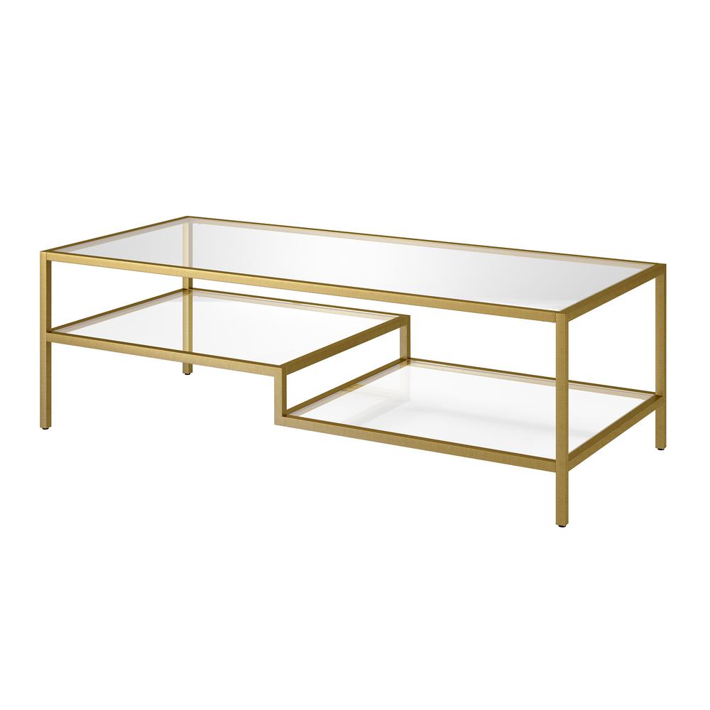 54" Gold Glass And Steel Coffee Table With Two Shelves. Picture 4