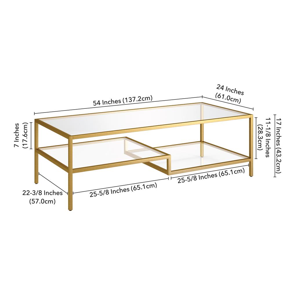 54" Gold Glass And Steel Coffee Table With Two Shelves. Picture 8
