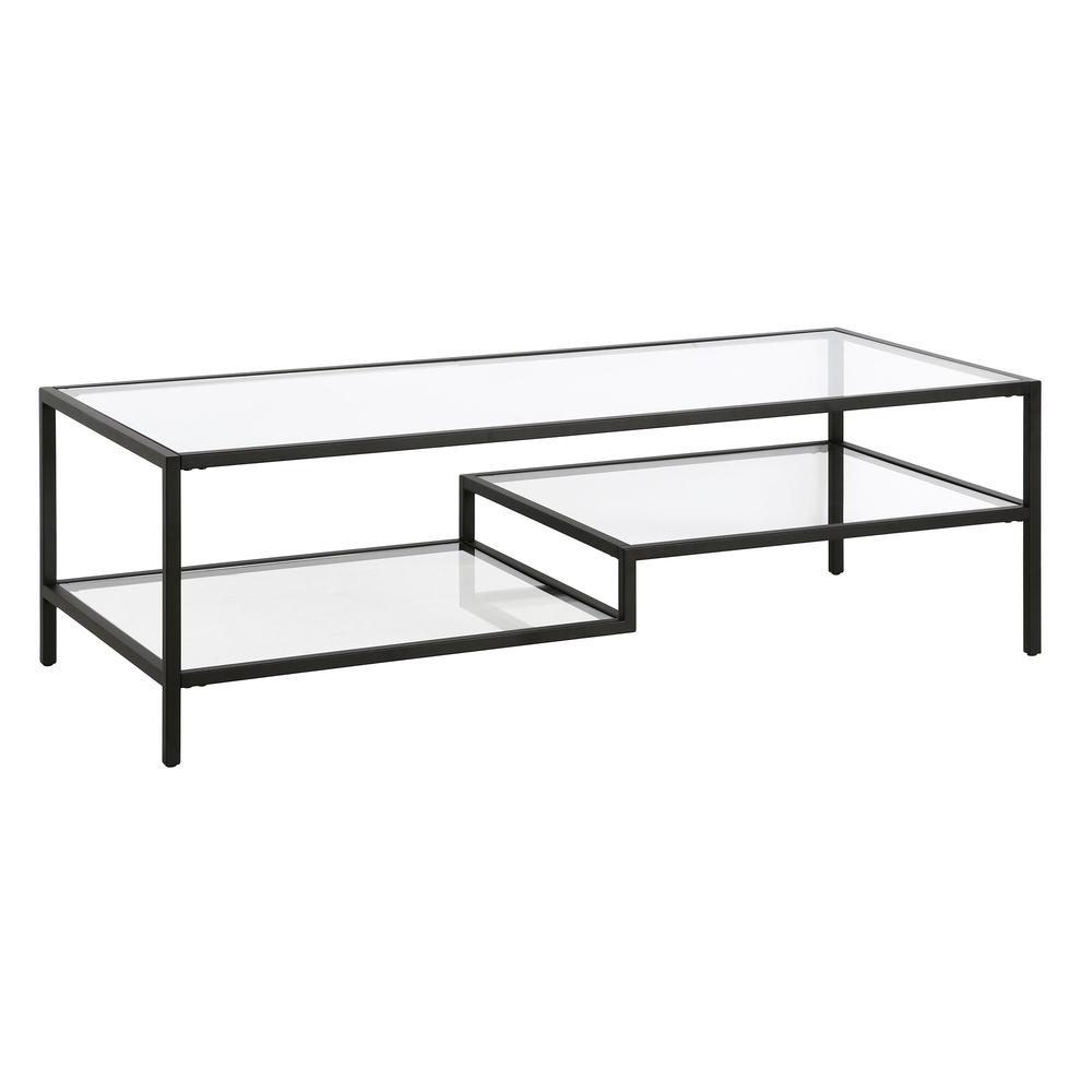 54" Black Glass And Steel Coffee Table With Two Shelves. Picture 1