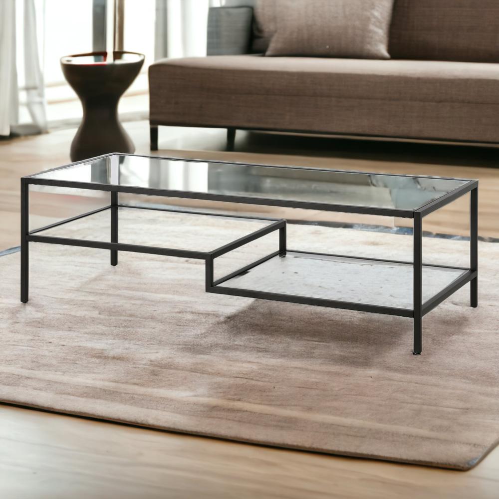 54" Black Glass And Steel Coffee Table With Two Shelves. Picture 2