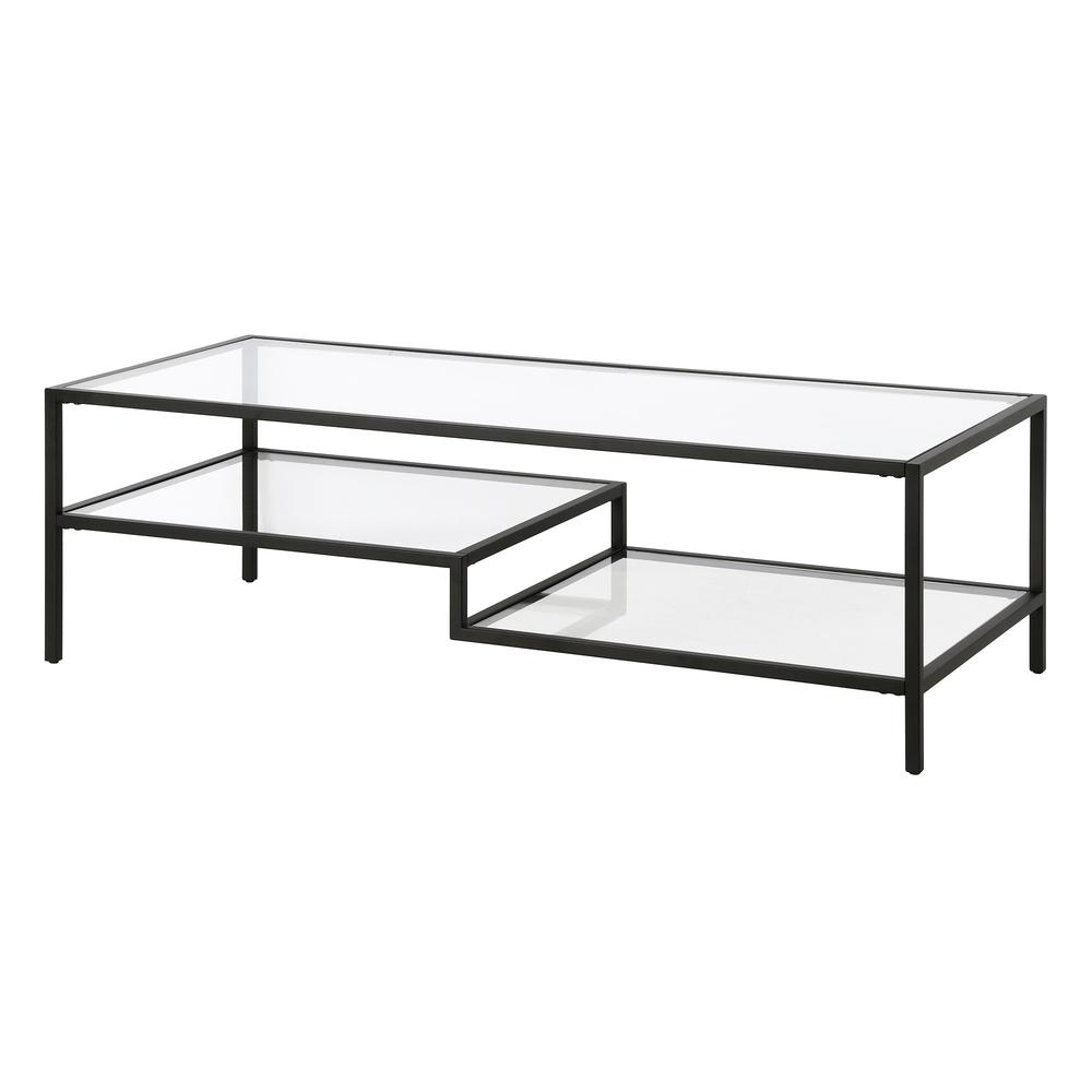 54" Black Glass And Steel Coffee Table With Two Shelves. Picture 4