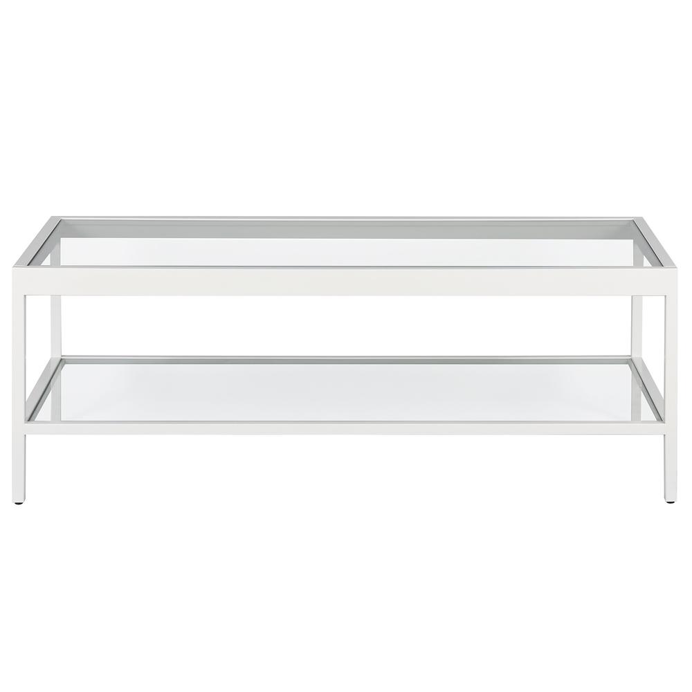 45" White Glass And Steel Coffee Table With Shelf. Picture 2