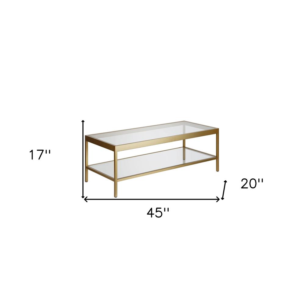 45" Gold Glass And Steel Coffee Table With Shelf. Picture 9