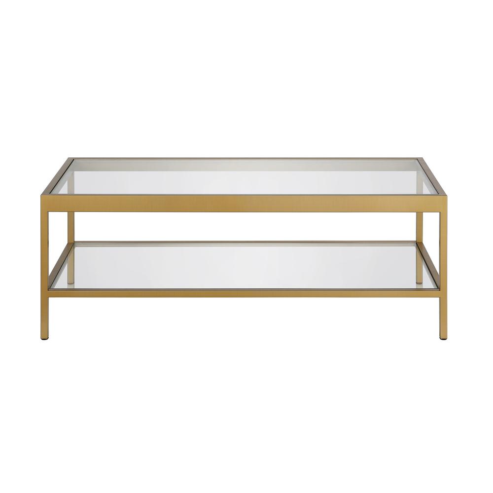 45" Gold Glass And Steel Coffee Table With Shelf. Picture 2