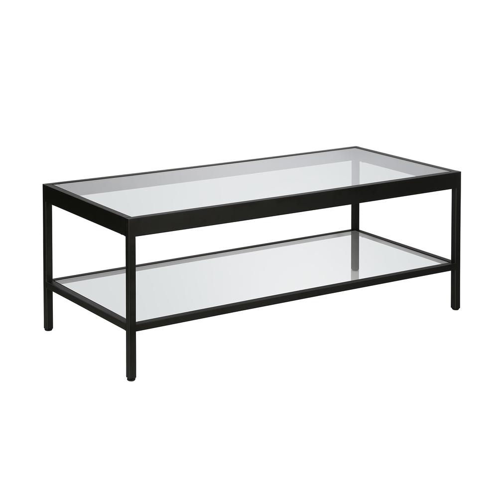 45" Black Glass And Steel Coffee Table With Shelf. Picture 2