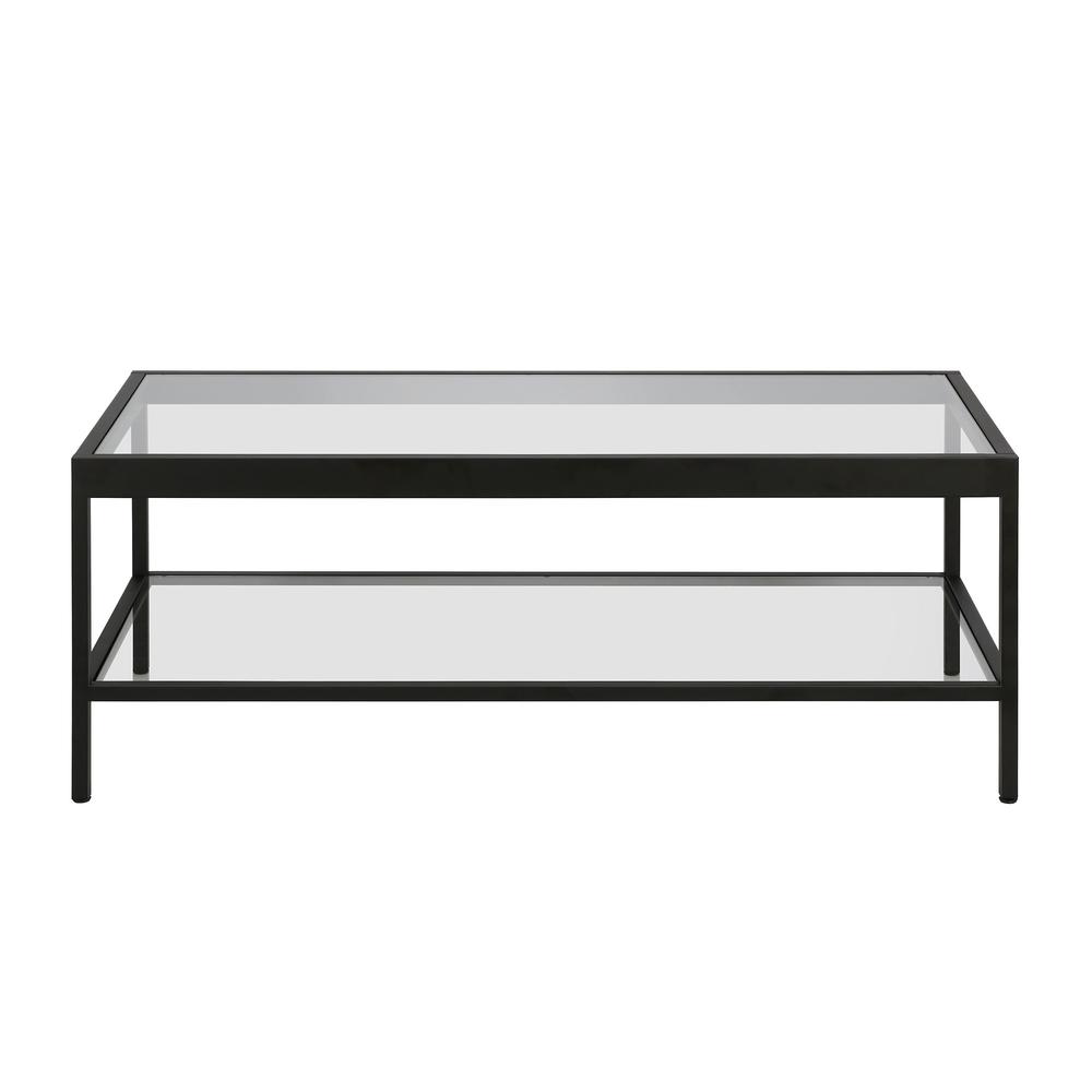 45" Black Glass And Steel Coffee Table With Shelf. Picture 1