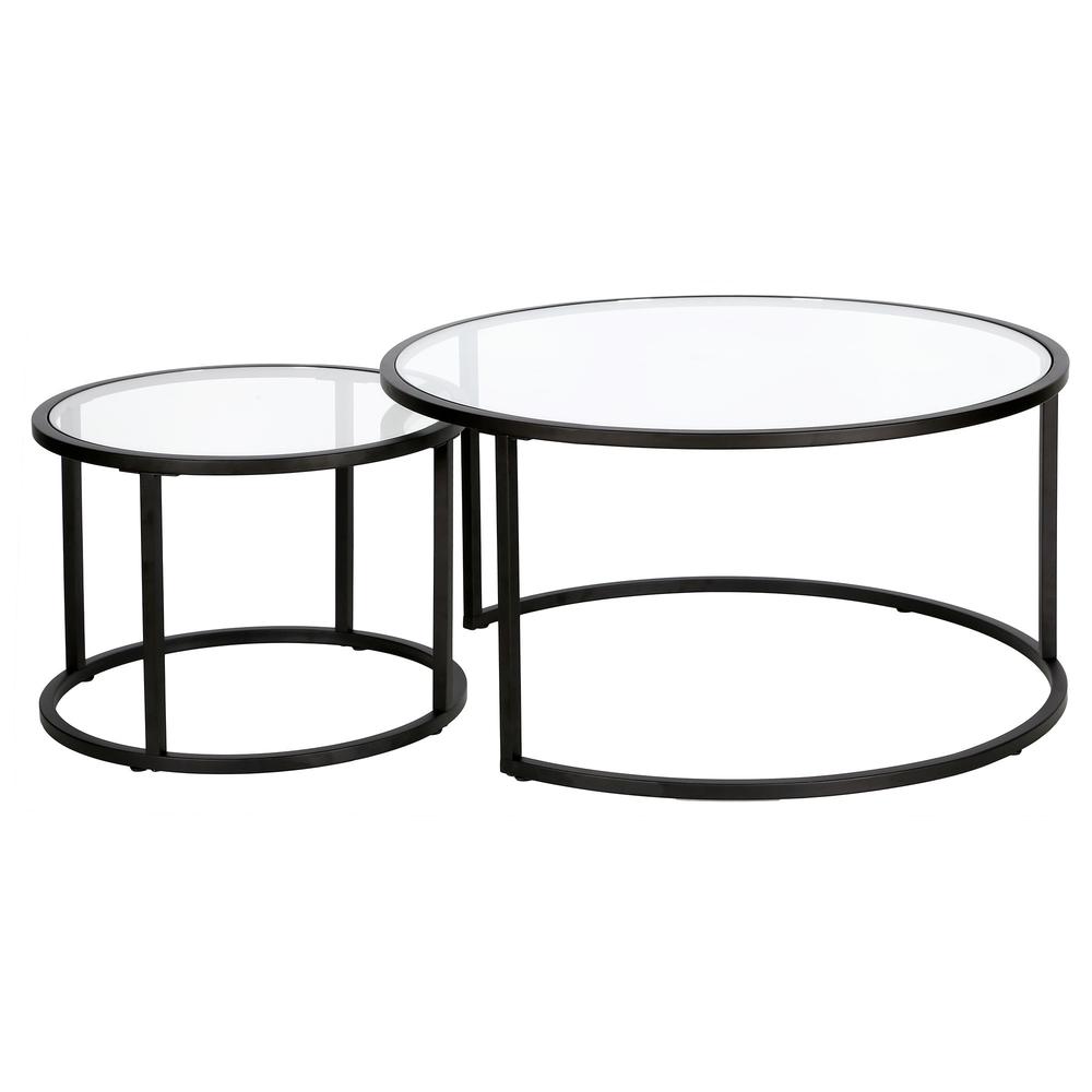 Set of Two 35" Black Glass And Steel Round Nested Coffee Tables. Picture 2