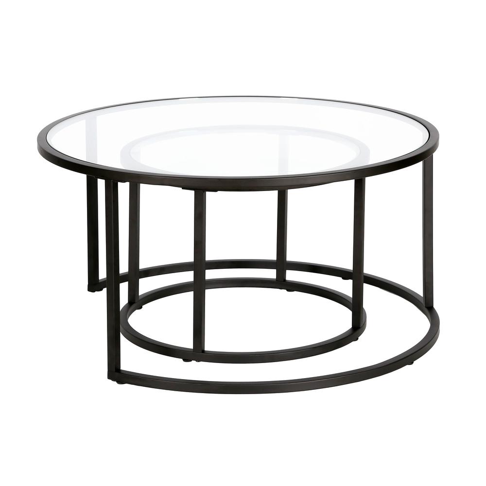 Set of Two 35" Black Glass And Steel Round Nested Coffee Tables. Picture 1
