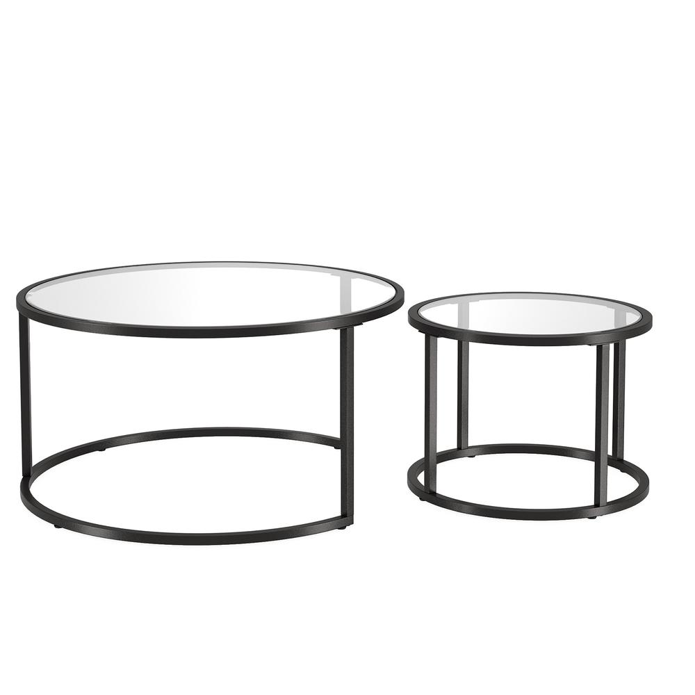Set of Two 35" Black Glass And Steel Round Nested Coffee Tables. Picture 3