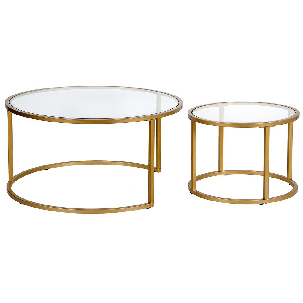 Set of Two 35" Gold Glass And Steel Round Nested Coffee Tables. Picture 3