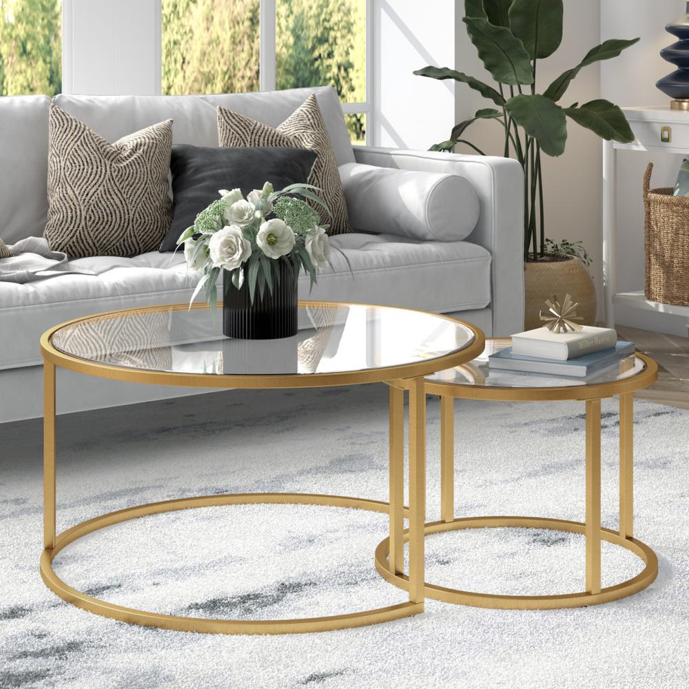 Set of Two 35" Gold Glass And Steel Round Nested Coffee Tables. Picture 5