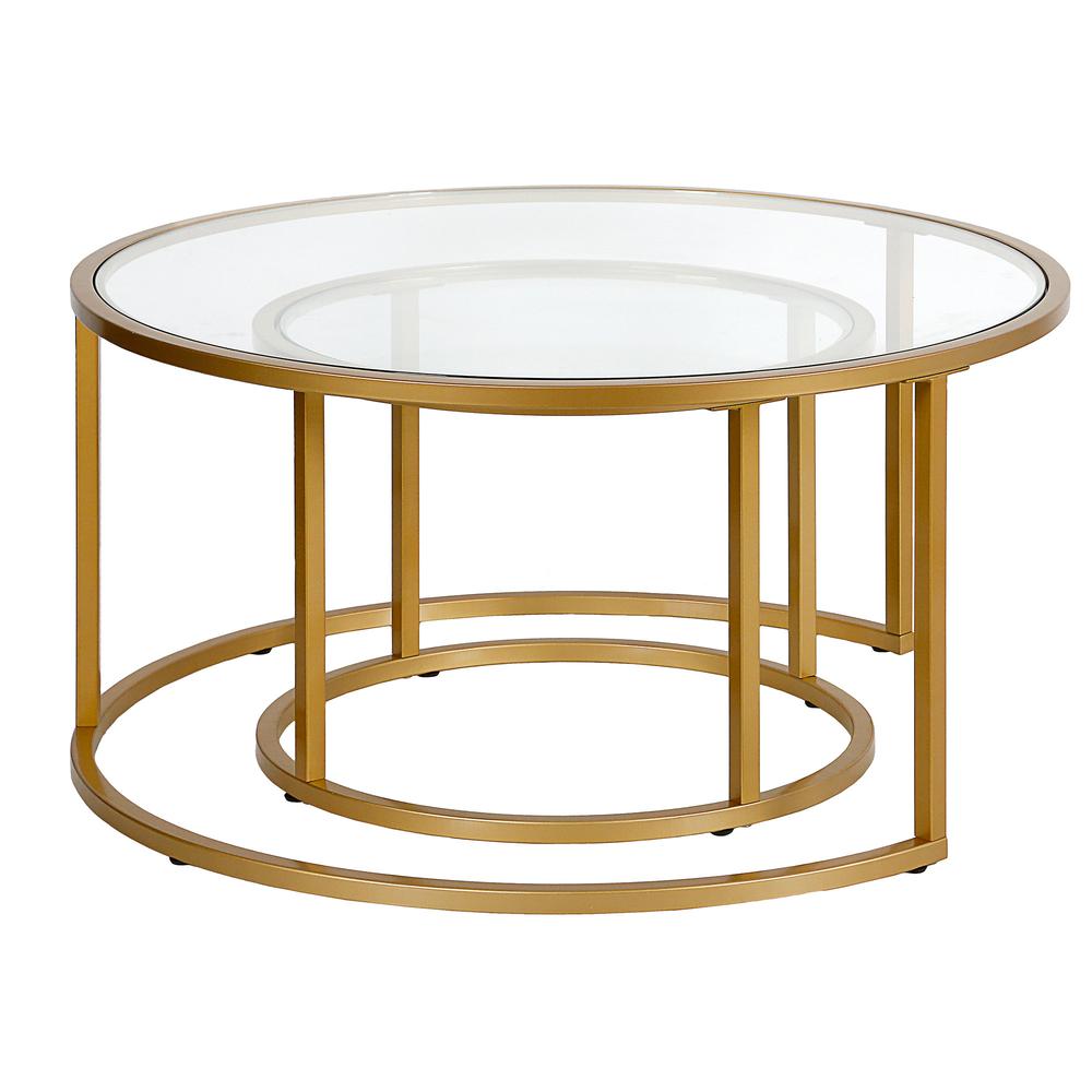 Set of Two 35" Gold Glass And Steel Round Nested Coffee Tables. Picture 1