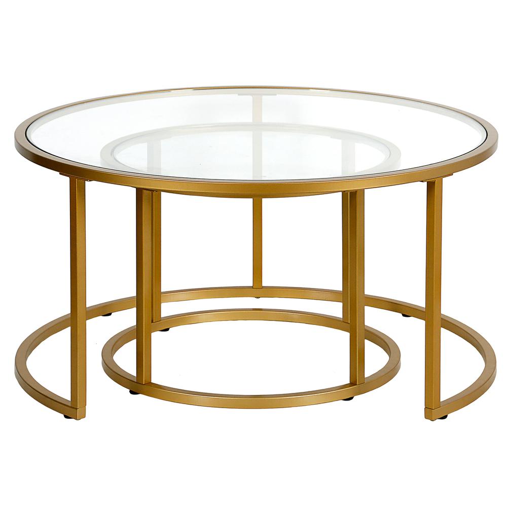 Set of Two 35" Gold Glass And Steel Round Nested Coffee Tables. Picture 2
