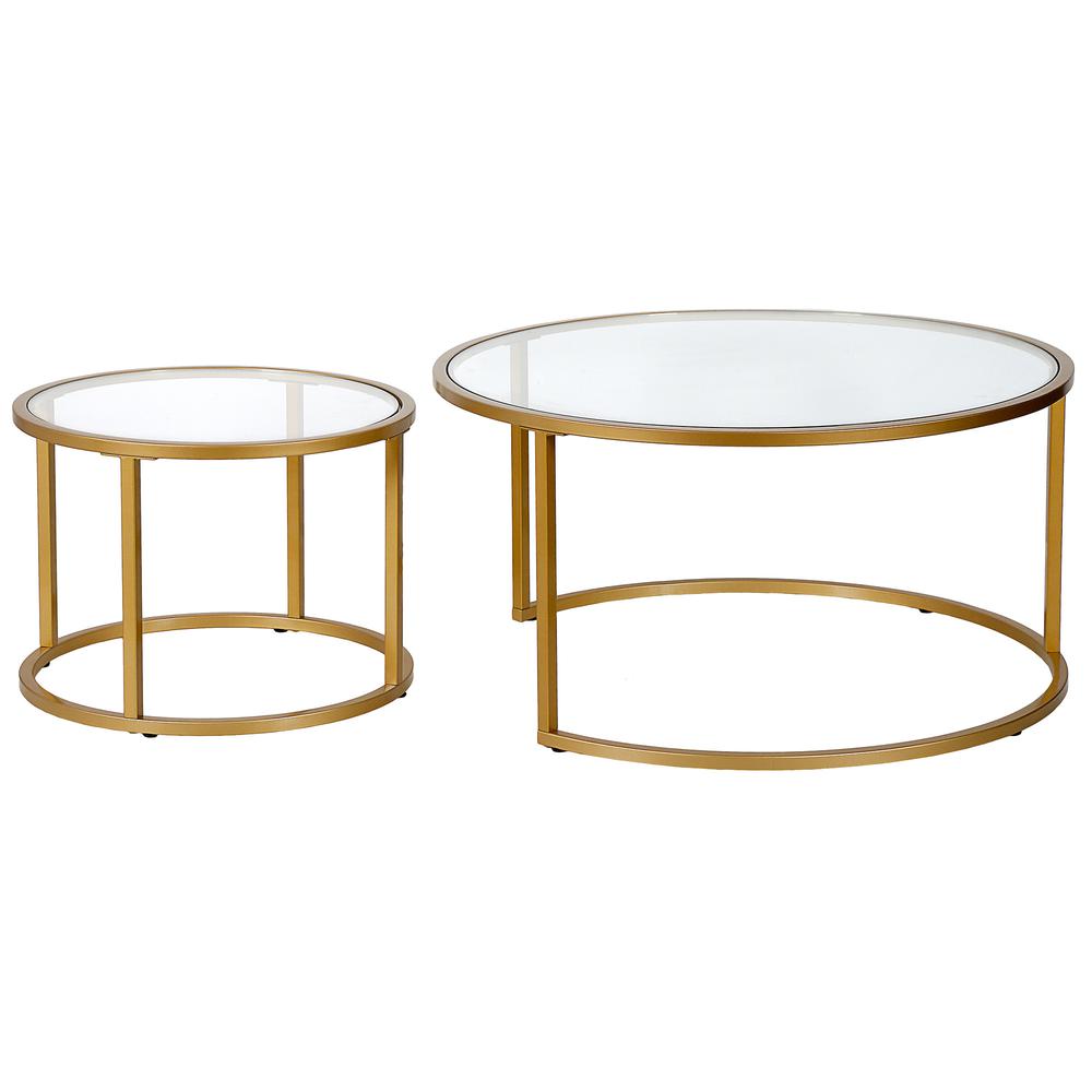 Set of Two 35" Gold Glass And Steel Round Nested Coffee Tables. Picture 4
