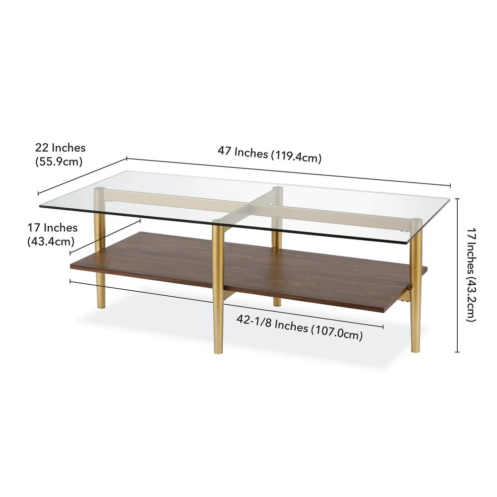 47" Gold Glass And Steel Coffee Table With Shelf. Picture 8