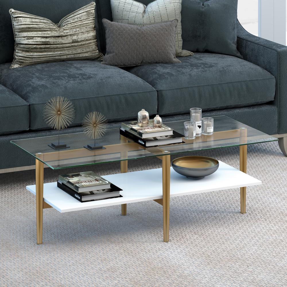 47" Gold Glass And Steel Coffee Table With Shelf. Picture 7