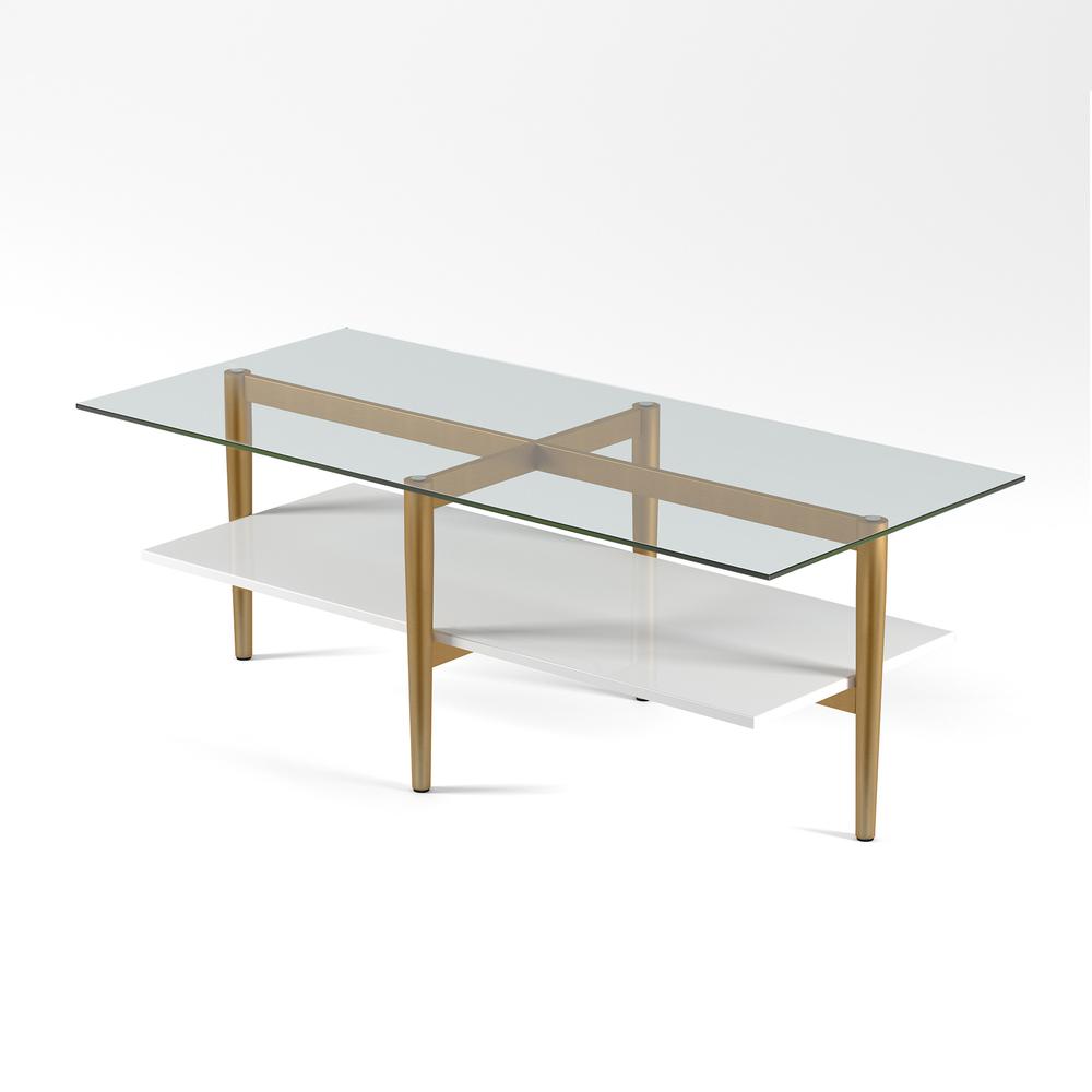 47" Gold Glass And Steel Coffee Table With Shelf. Picture 3