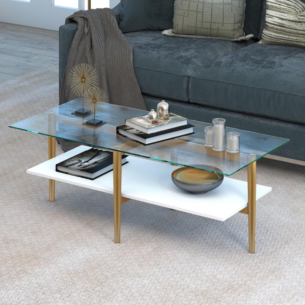 47" Gold Glass And Steel Coffee Table With Shelf. Picture 6