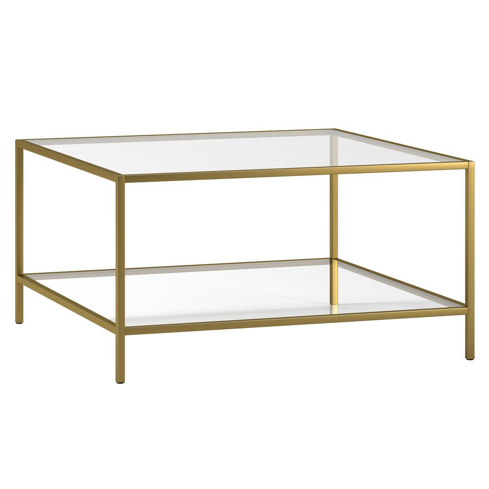 32" Gold Glass And Steel Square Coffee Table With Shelf. Picture 1