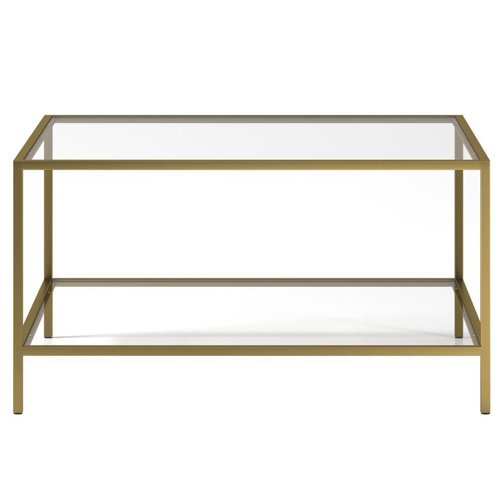 32" Gold Glass And Steel Square Coffee Table With Shelf. Picture 3