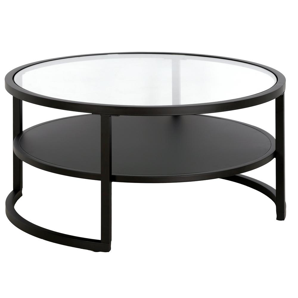 34" Black Glass And Steel Round Coffee Table With Shelf. Picture 1