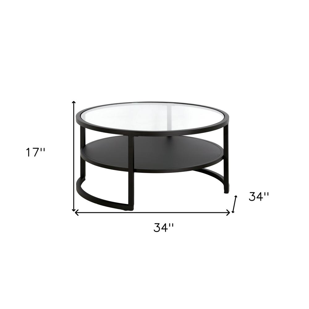 34" Black Glass And Steel Round Coffee Table With Shelf. Picture 8