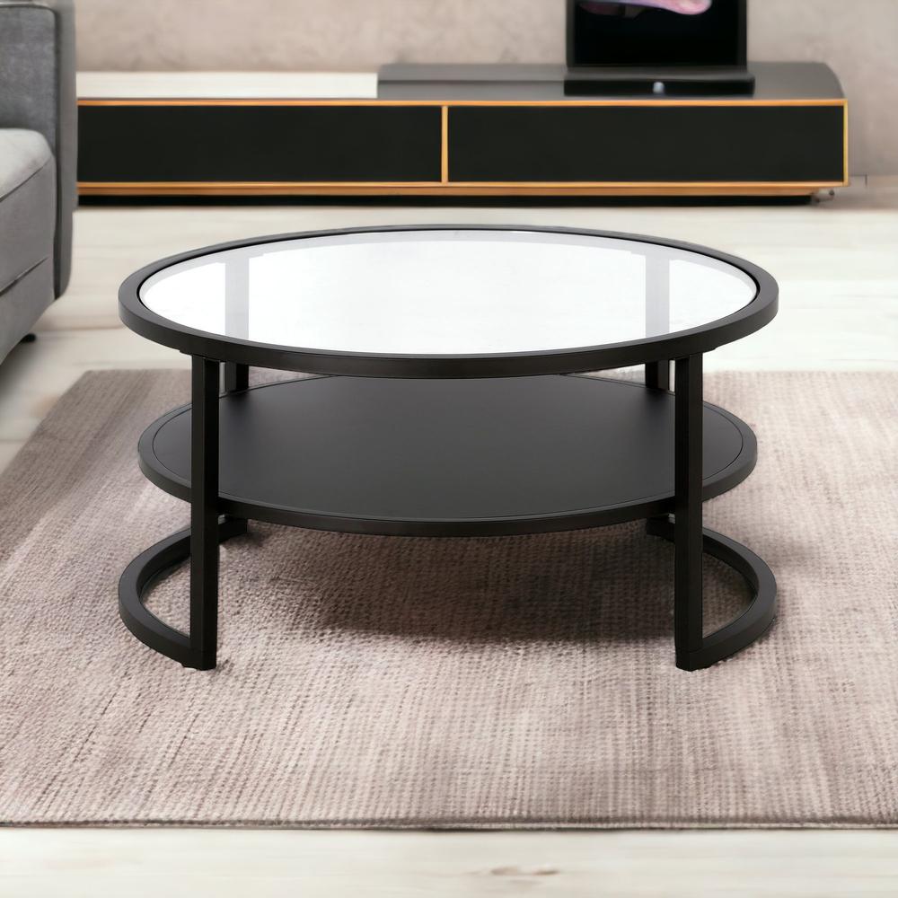 34" Black Glass And Steel Round Coffee Table With Shelf. Picture 2