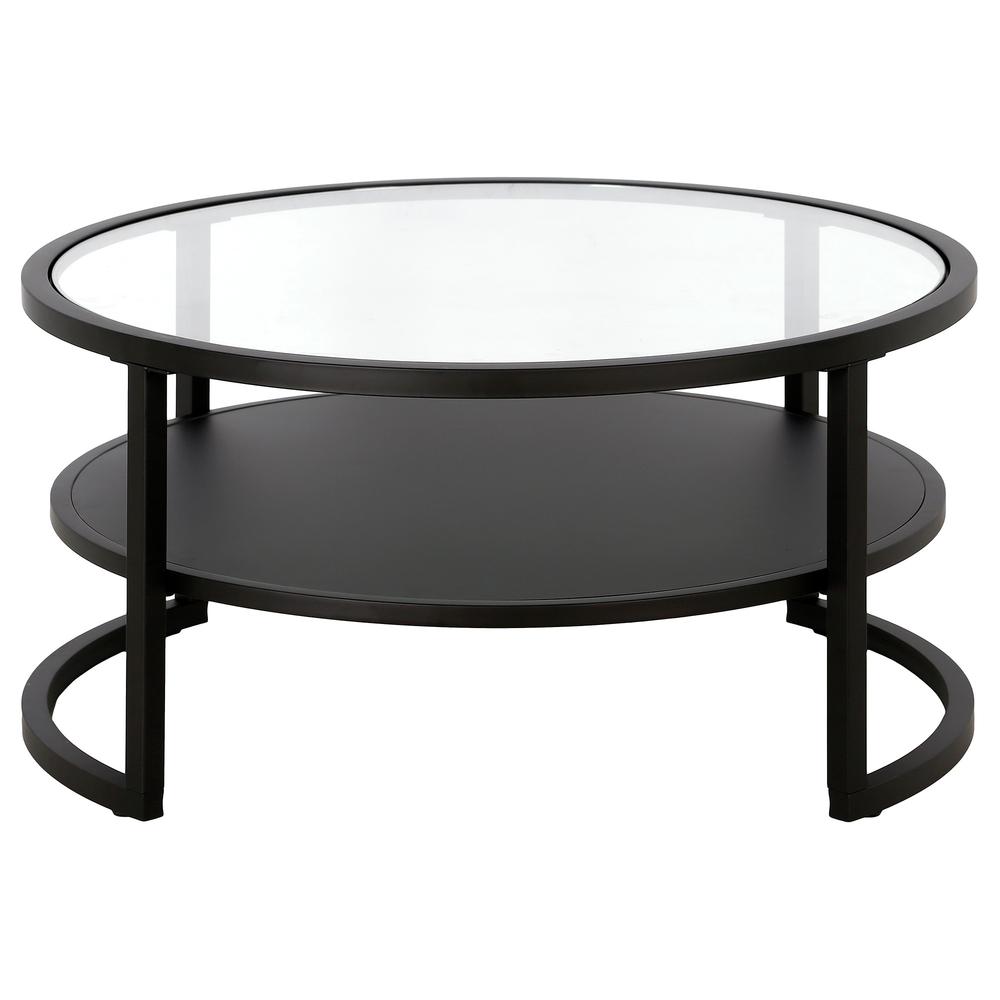 34" Black Glass And Steel Round Coffee Table With Shelf. Picture 3