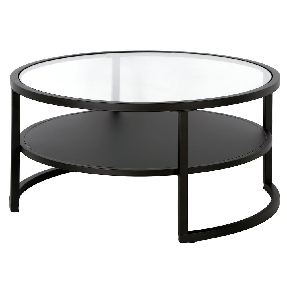34" Black Glass And Steel Round Coffee Table With Shelf. Picture 4
