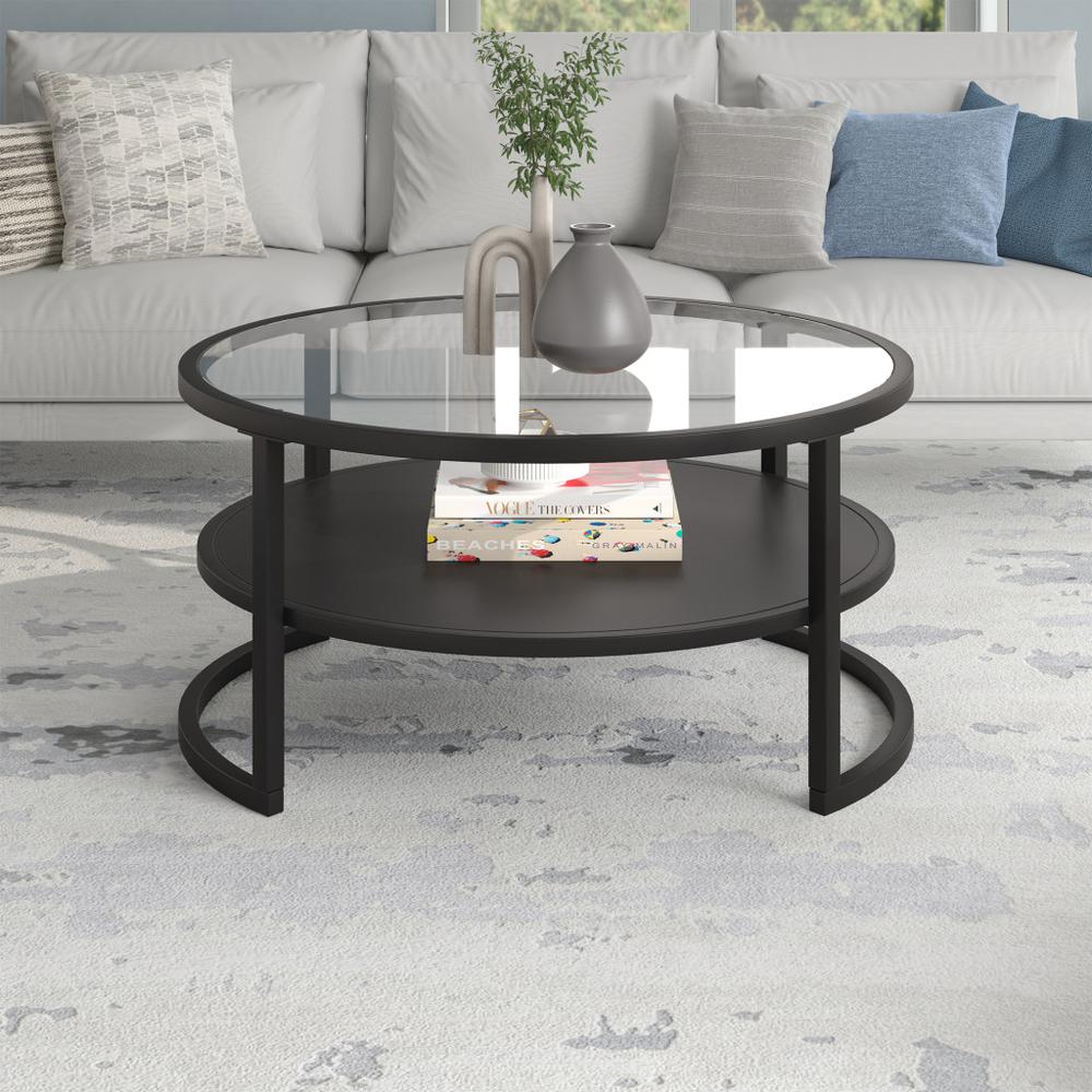 34" Black Glass And Steel Round Coffee Table With Shelf. Picture 5