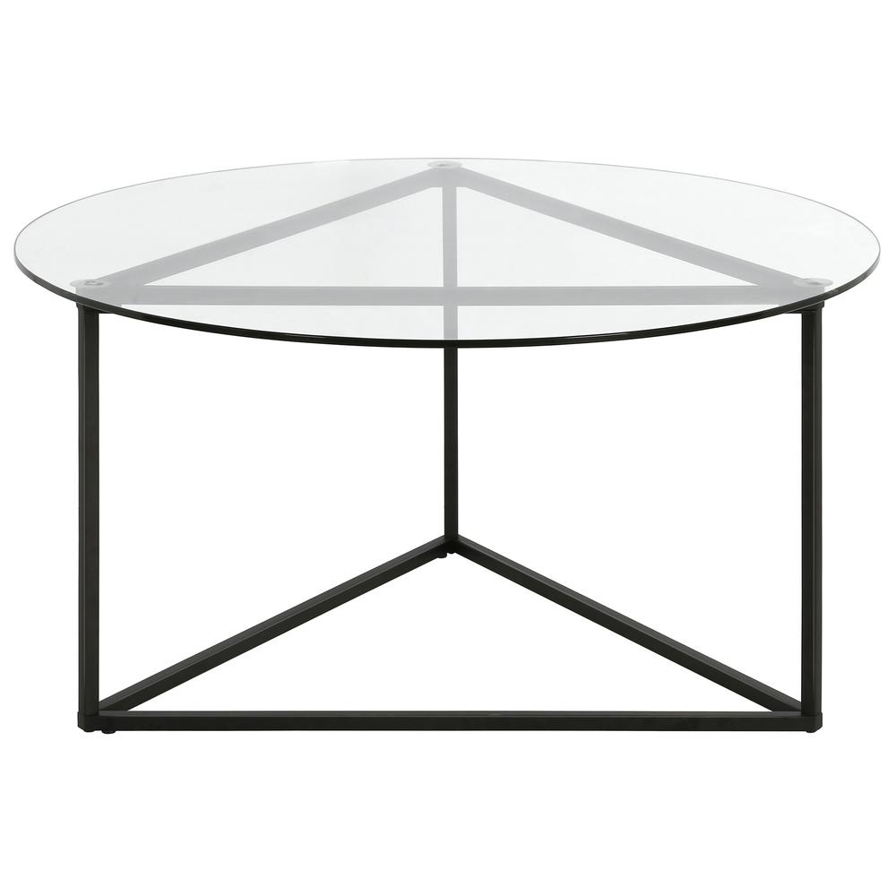35" Black Glass And Steel Round Coffee Table. Picture 1