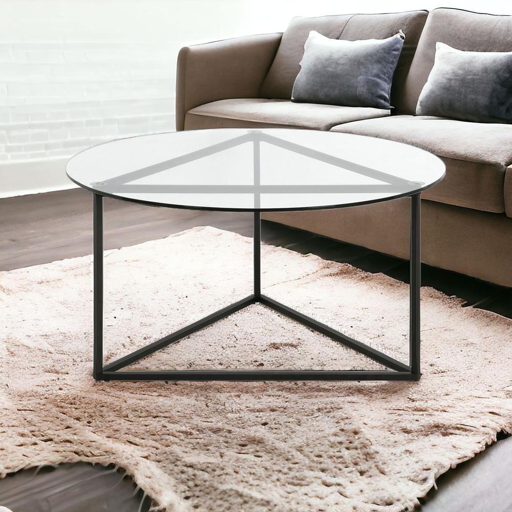 35" Black Glass And Steel Round Coffee Table. Picture 2