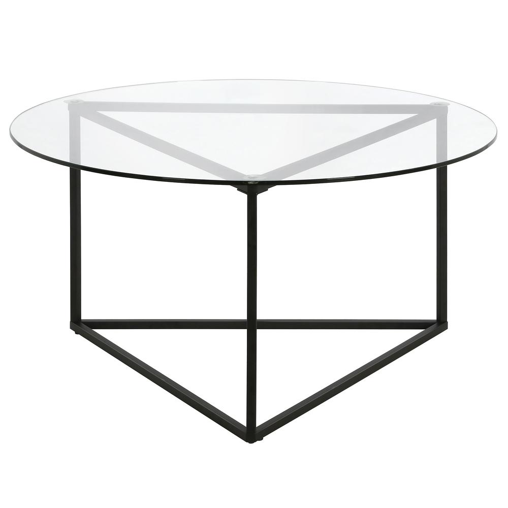 35" Black Glass And Steel Round Coffee Table. Picture 3