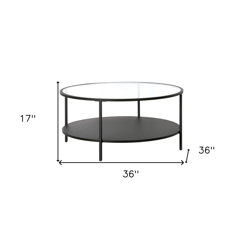 36" Black Glass And Steel Round Coffee Table With Shelf. Picture 7