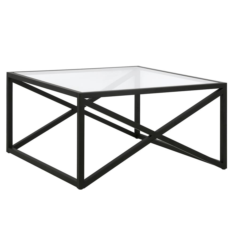 32" Black Glass And Steel Square Coffee Table. Picture 1