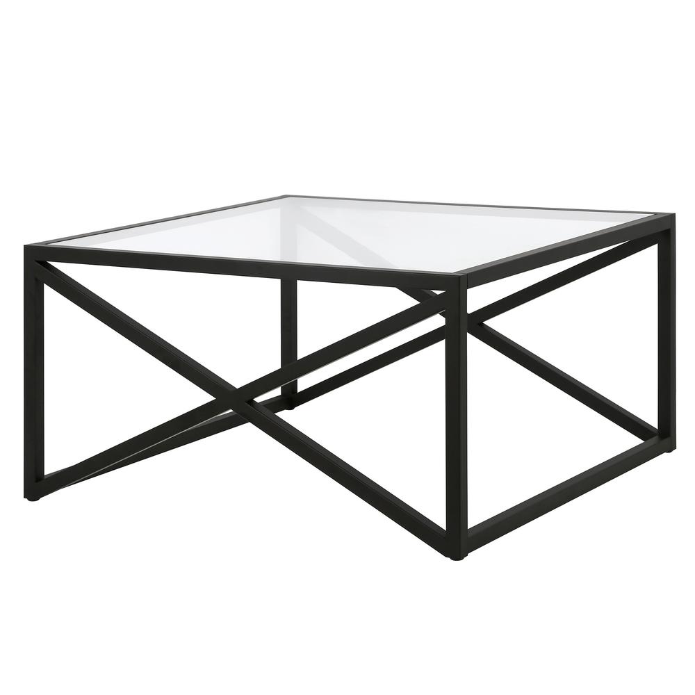 32" Black Glass And Steel Square Coffee Table. Picture 3