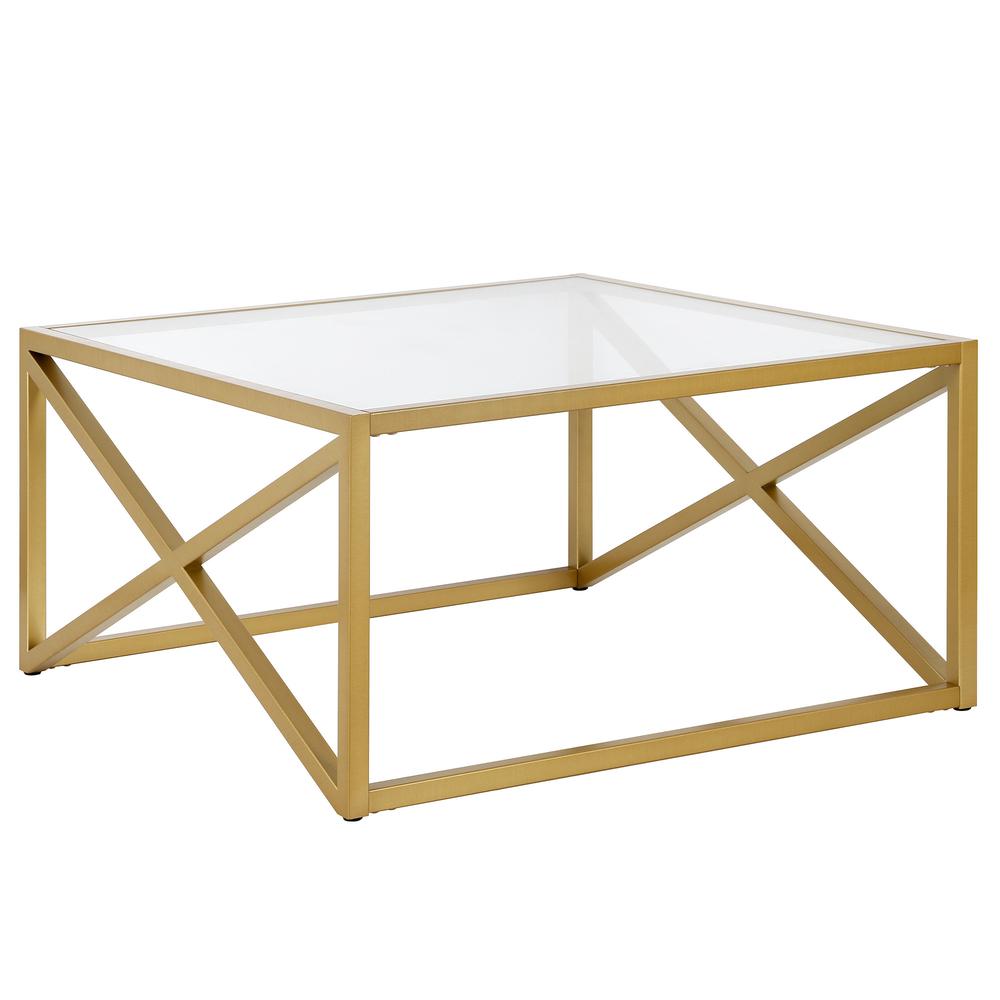 32" Gold Glass And Steel Square Coffee Table. Picture 1